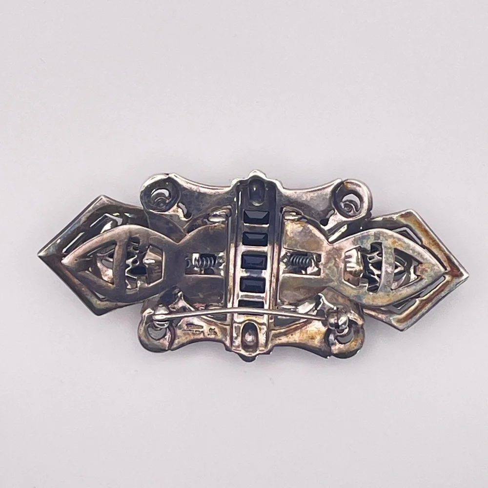 Vintage Art Deco Convertible Sterling Brooch Duette Dress Clip Set Black Crystal